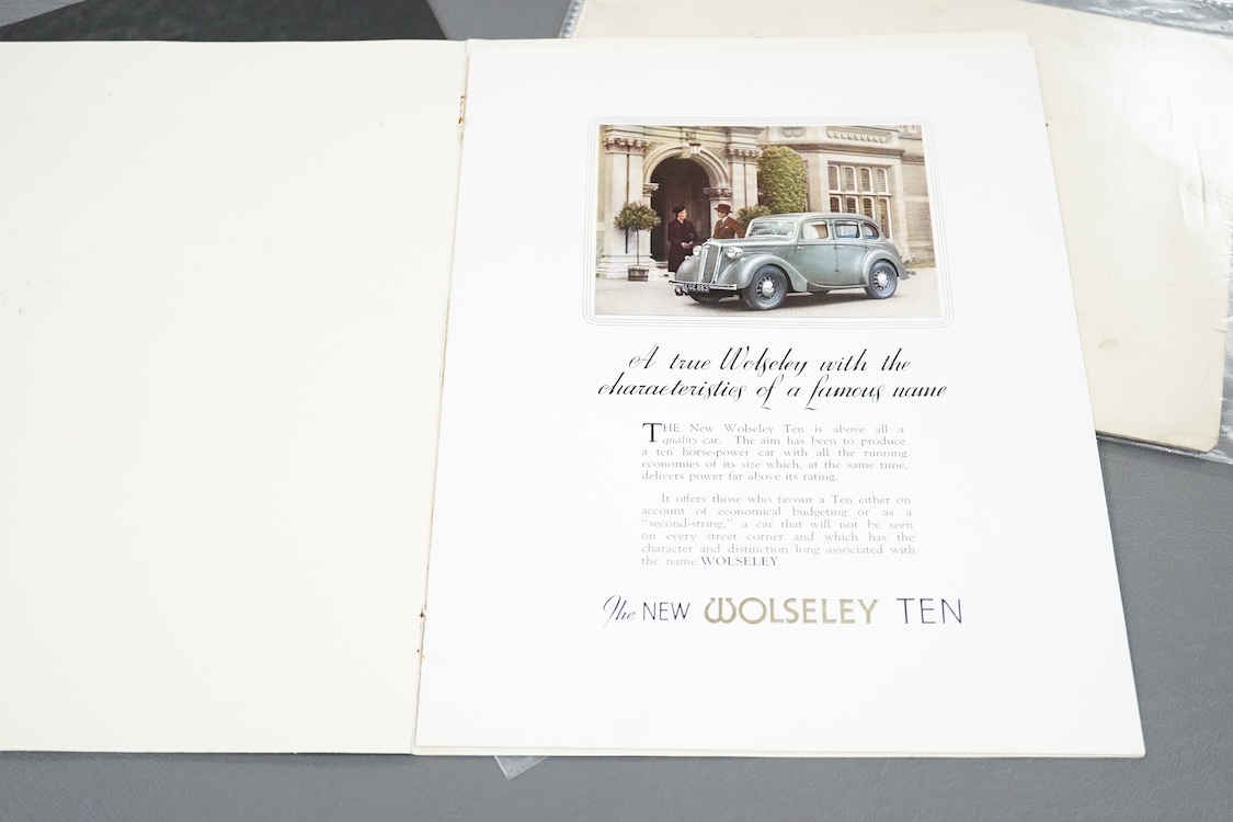 Three 1930s and 1940s motor car manufacturer’s brochures; the Vauxhall Big Six (produced 1934-40), the Wolseley Eight (produced 1946-48), including a separate price list dated June 1946, and the Wolseley Ten (produced 19